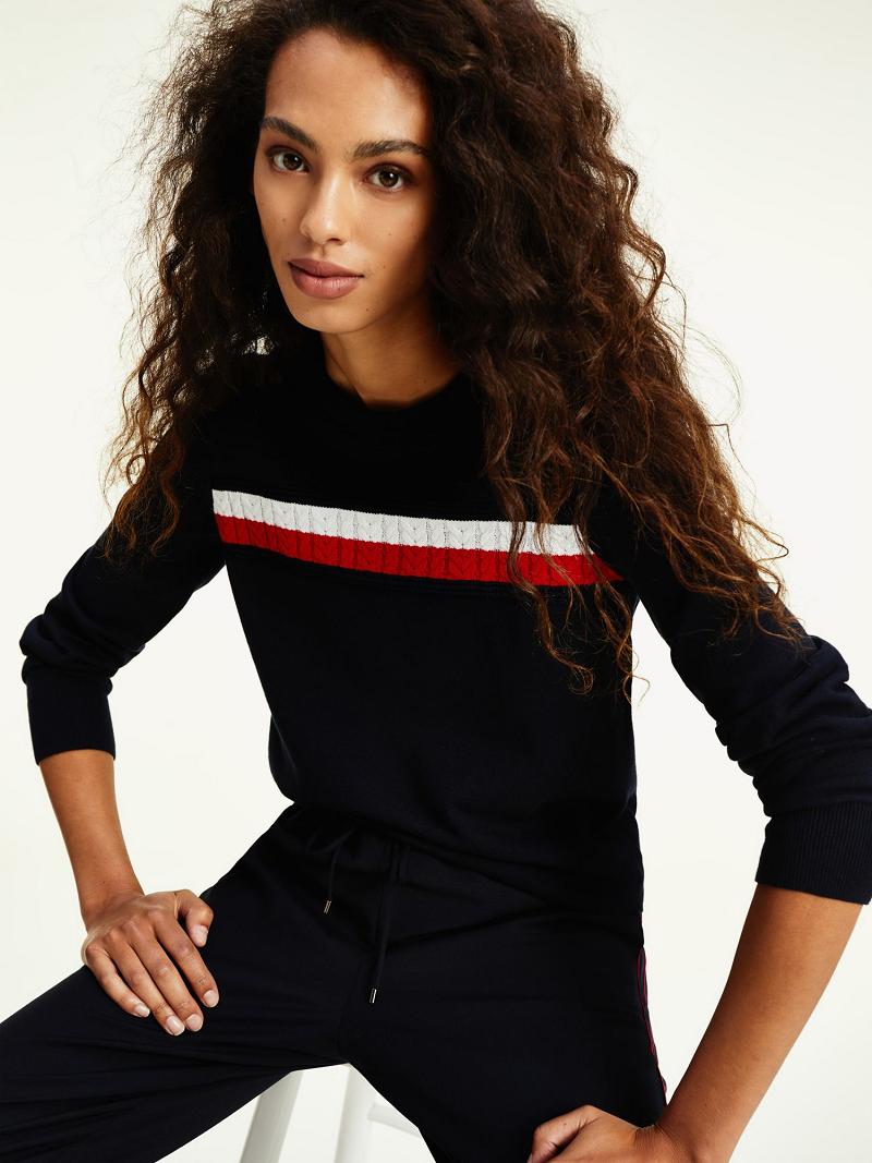 Női Tommy Hilfiger Organic Pamut Cable Stripe Pulóverek Sötétkék | HU 360JPQ